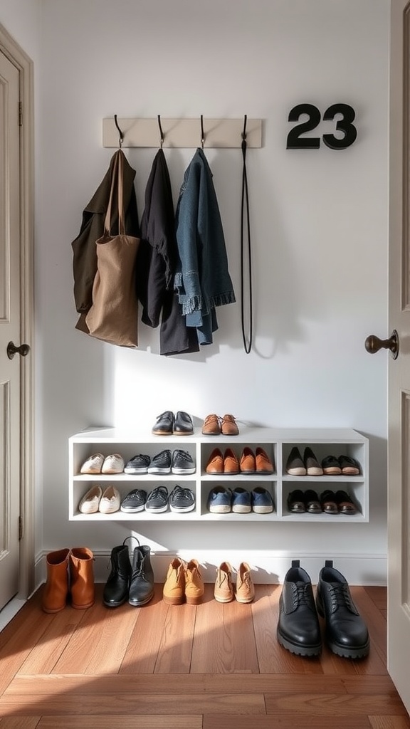 Minimalist entryway with shoe storage and hanging space