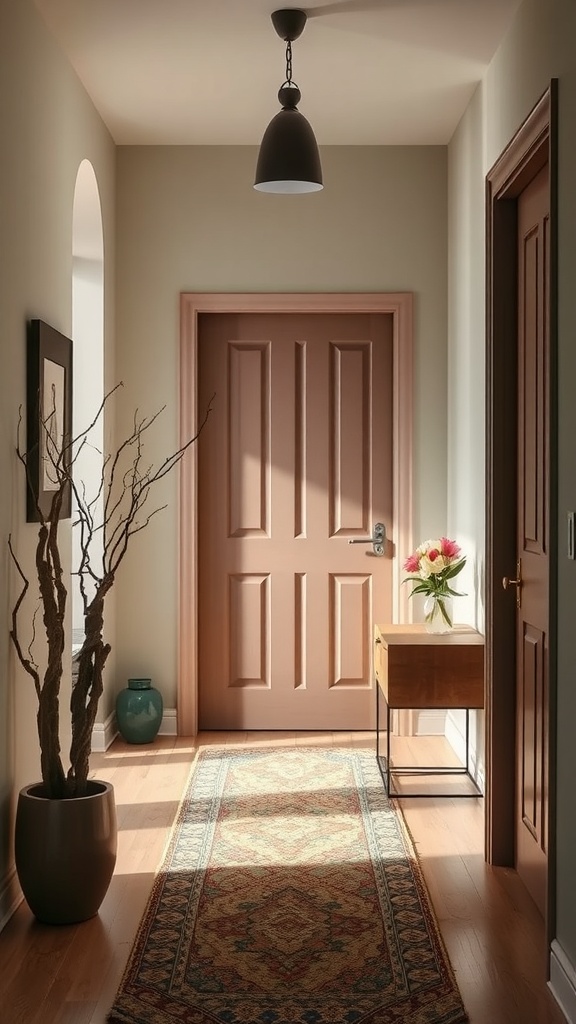 A minimalist entryway featuring a wooden console table, a vase with flowers, a decorative plant, and a patterned rug.