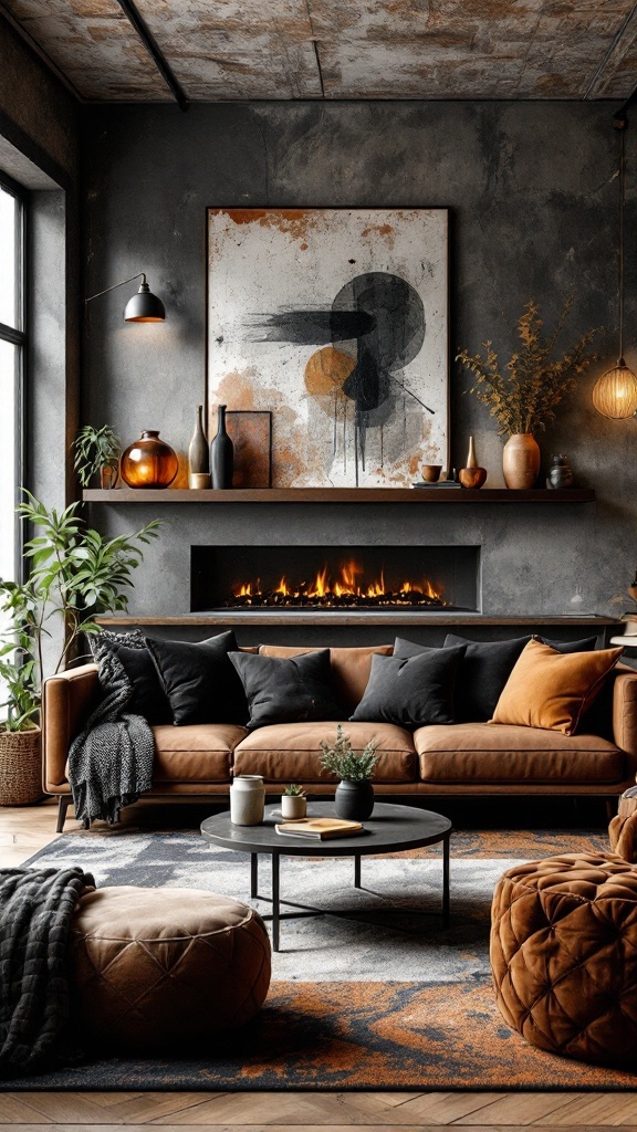Cozy black and rust living room featuring abstract art, a fireplace, and stylish seating.