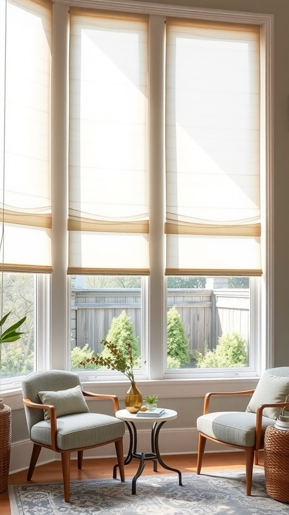 Bright room with light-filtering shades, two chairs, and a small table.