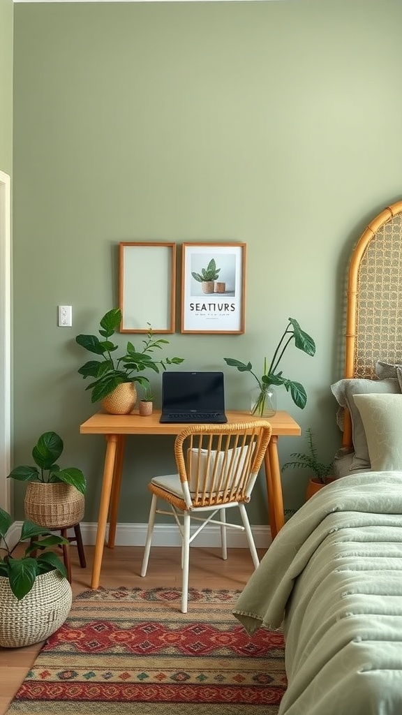 A cozy workspace in a sage green bedroom with a rattan chair, desk, and plants.