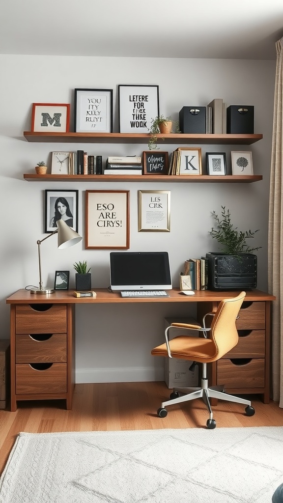 A cozy bedroom workspace featuring a wooden desk, computer, and decorative shelves with framed art and plants.