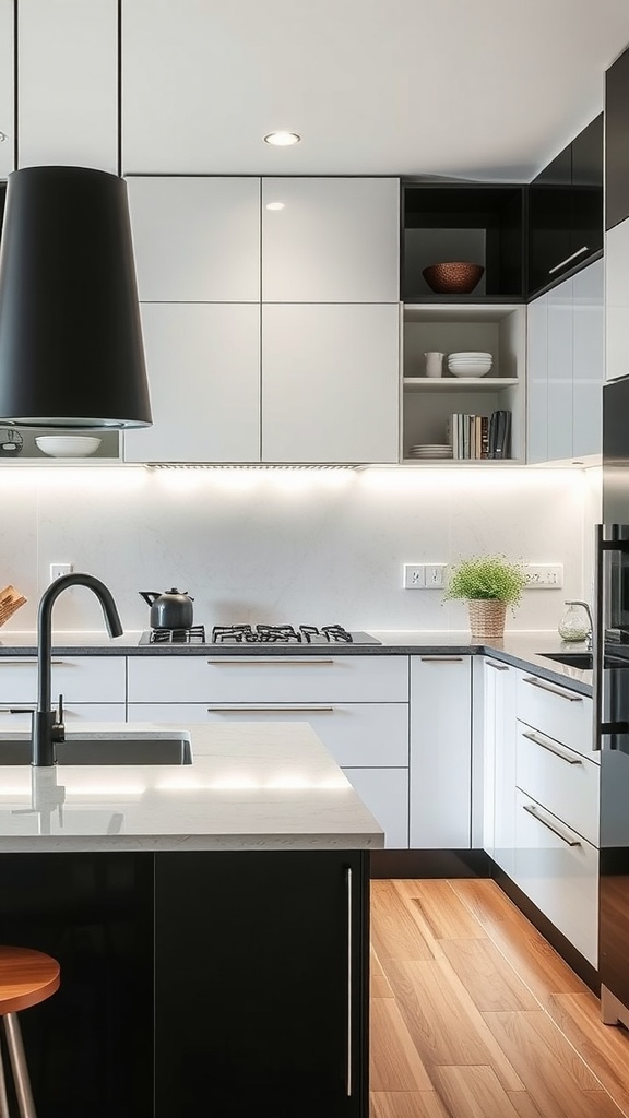 A stylish black and white kitchen with modern cabinets and sleek countertops.