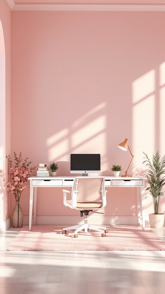 A soft girl office setup featuring a white desk, a pink chair, and decorative plants against a pink wall.