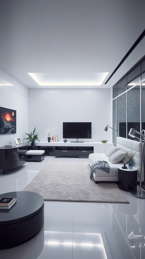 A modern bedroom with sleek furniture, minimalistic design, and futuristic elements.