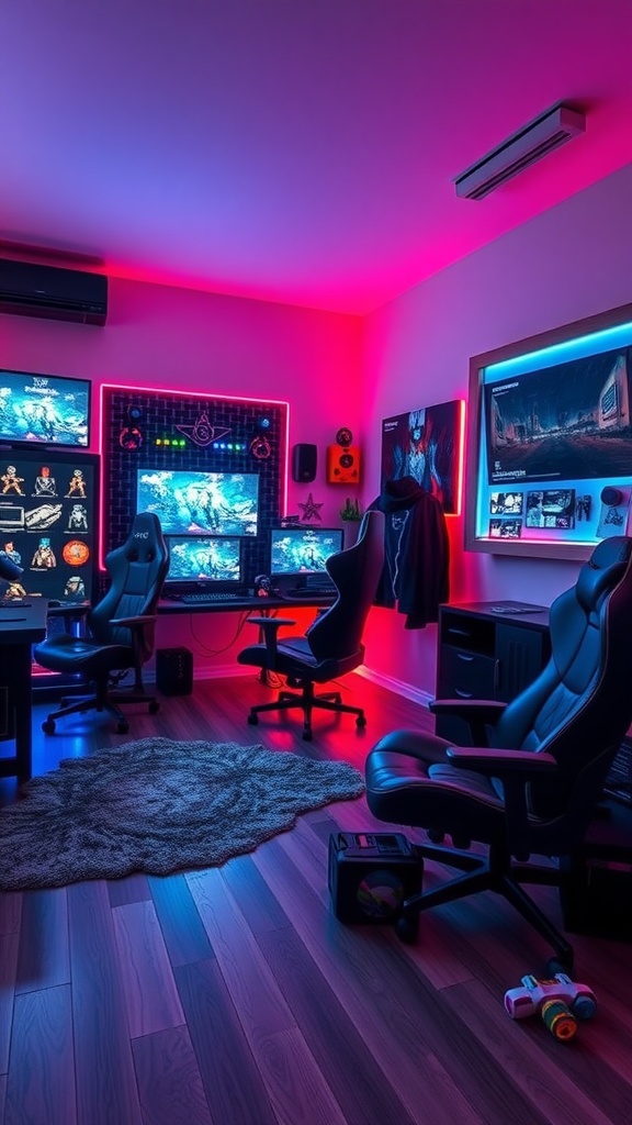 A gaming-themed bedroom with multiple screens, LED lights, and gaming chairs.