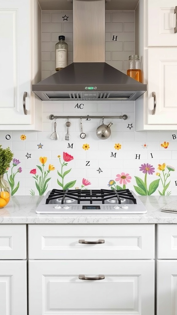A cozy cottage kitchen with a floral backsplash and modern appliances.
