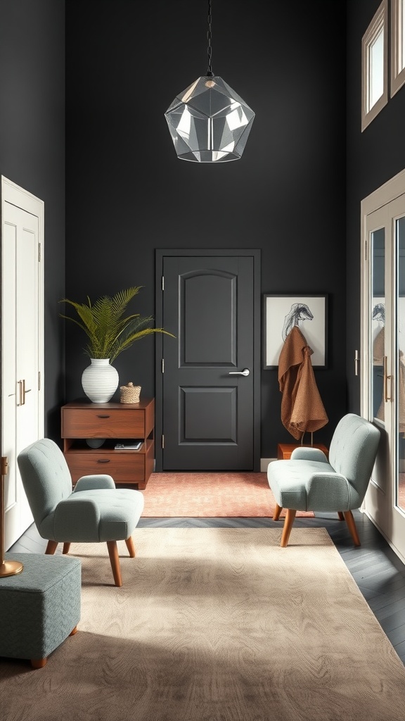 Minimalist entryway featuring geometric furniture and natural elements.
