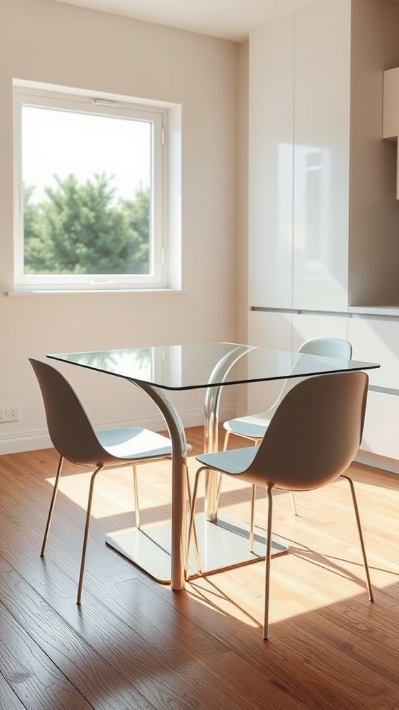 A modern glass-top kitchen table with sleek chairs in a bright space.