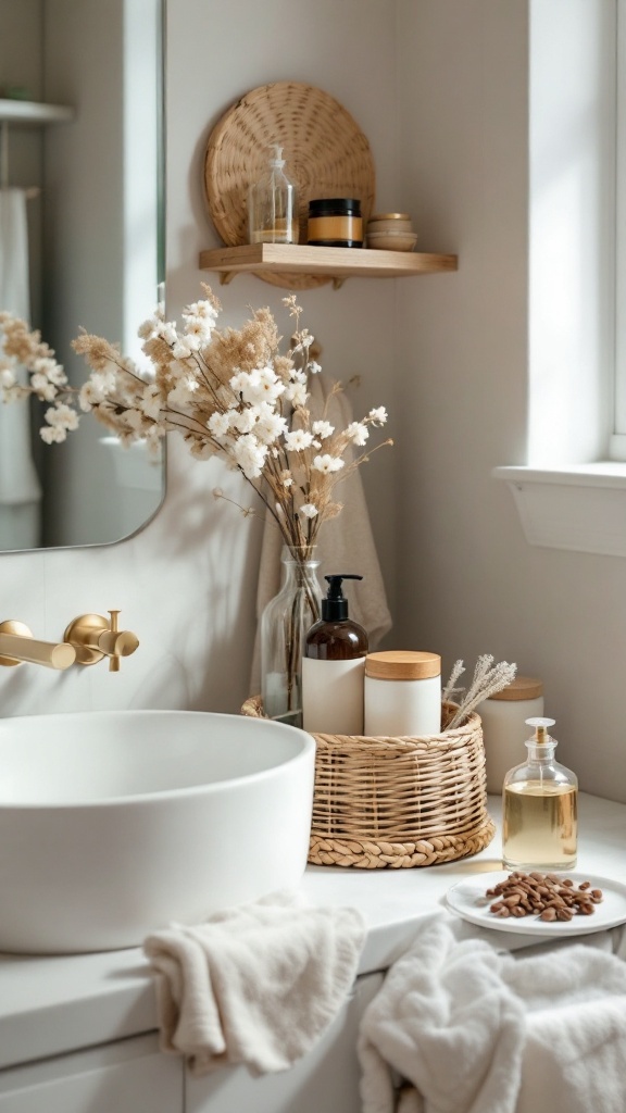 A stylish bathroom with glass containers, a clean sink, and decorative items.