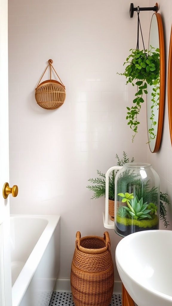 A boho bathroom featuring a glass terrarium with plants, a woven basket, and a stylish mirror.