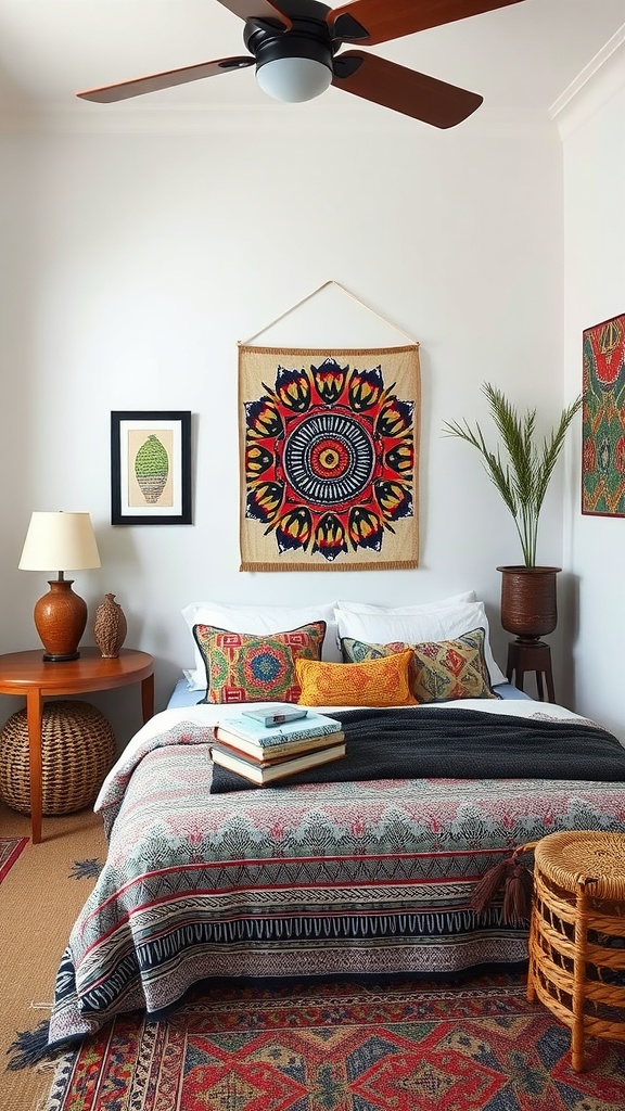 A cozy bedroom featuring vibrant textiles, decorative pillows, and a mix of cultural art.