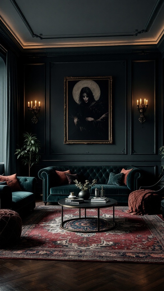 A gothic-inspired living room featuring dark velvet upholstery and dramatic decor