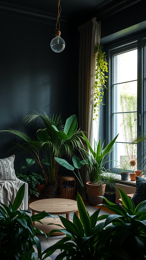 A dark boho living room filled with various green plants, featuring a cozy seating area and a window.