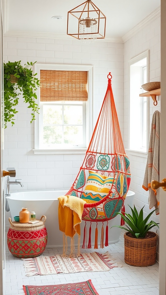 Cozy bathroom with a hammock chair in the corner, featuring colorful patterns and natural decor.