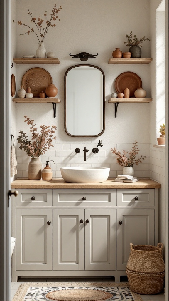 A bathroom featuring handmade pottery decor with earthy colors.
