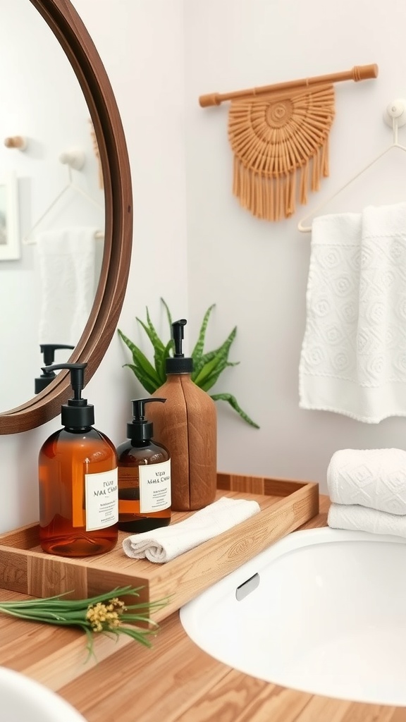 A cozy bathroom setup featuring handmade soap and lotion dispensers, along with natural elements.
