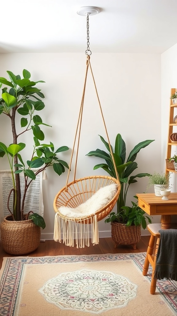 A cozy hanging chair in a boho bedroom surrounded by plants and a patterned rug.