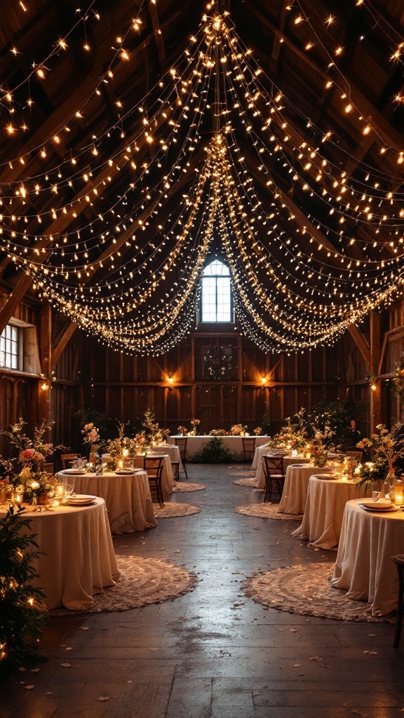 A rustic barn interior decorated with a canopy of fairy lights overhead, creating a magical wedding setting.