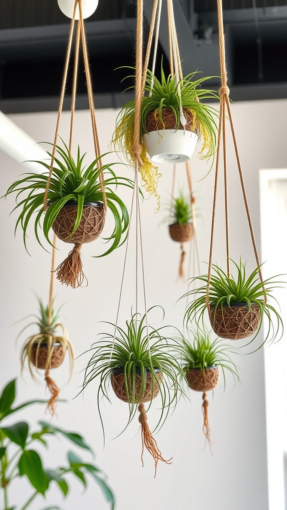 Hanging planters displaying various air plants in a modern setting