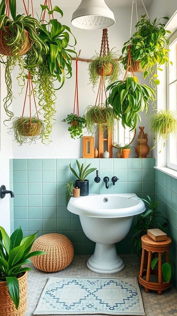 A boho bathroom featuring hanging plants and greenery.