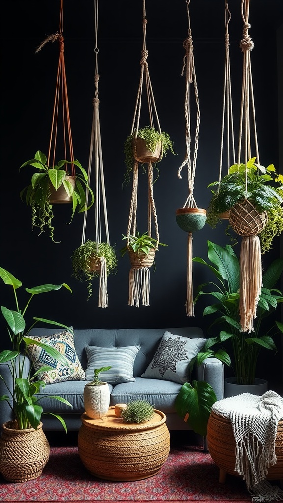 A dark boho living room with hanging plants and macramé holders.