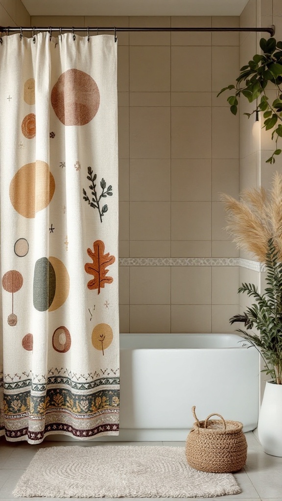 A bathroom featuring a hemp shower curtain with earthy designs and colors.