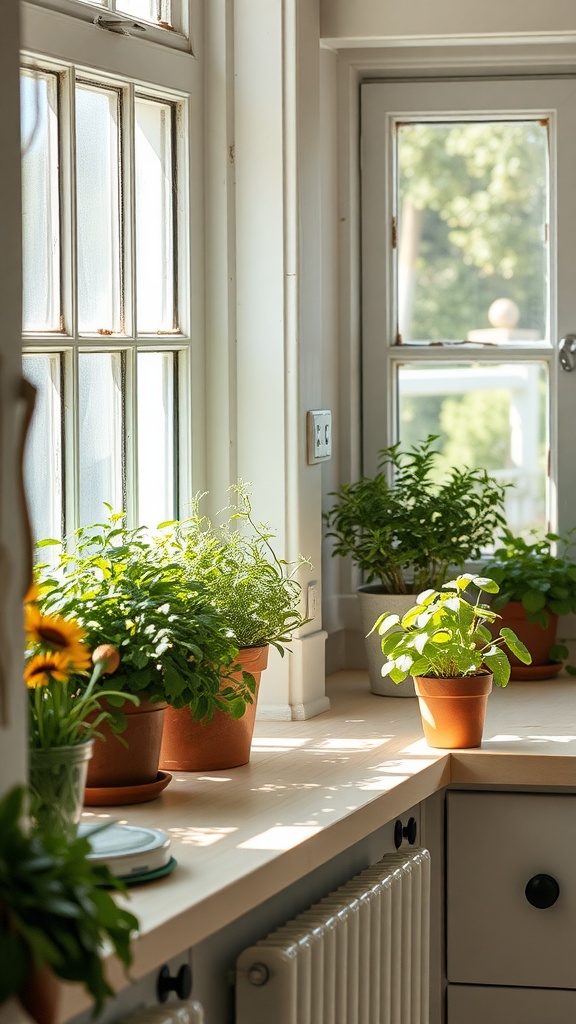 Cozy cottage kitchen with herbs growing on the windowsill.