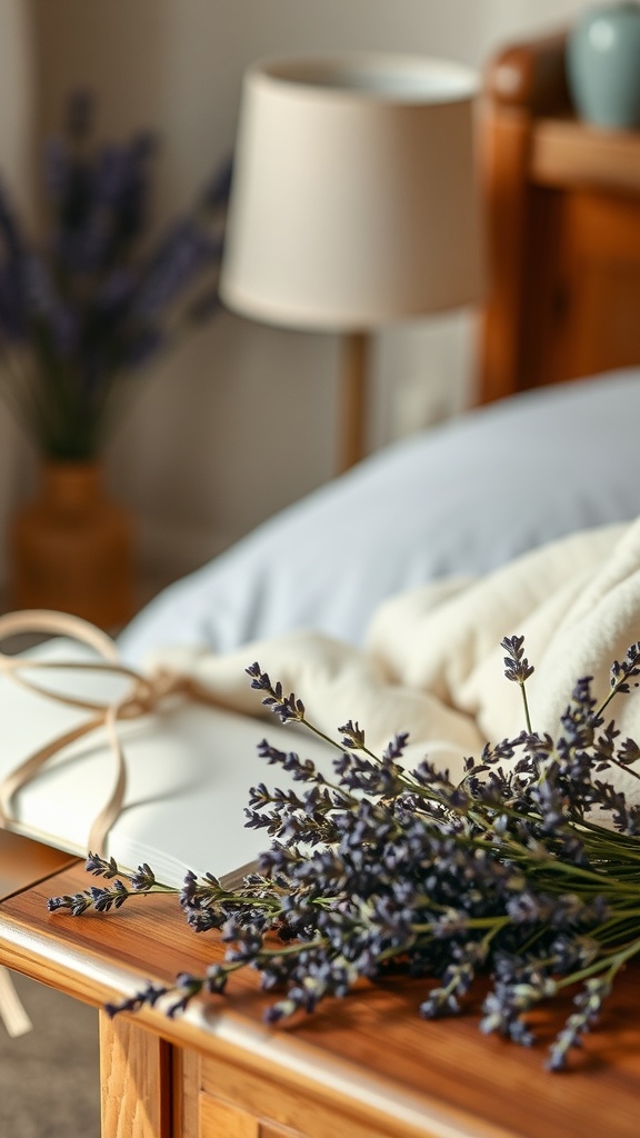 Dried lavender arranged on a wooden nightstand next to a cozy bed.