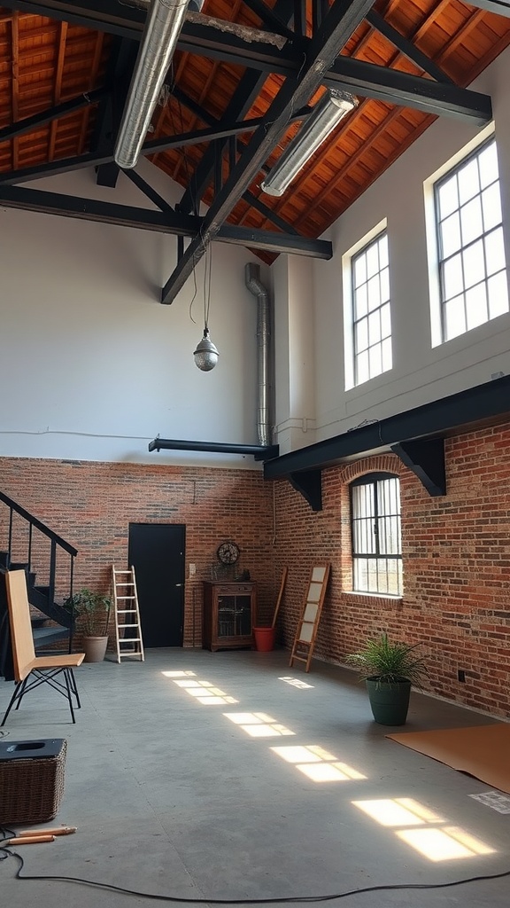 Interior of a studio apartment with exposed brick walls and wooden beams