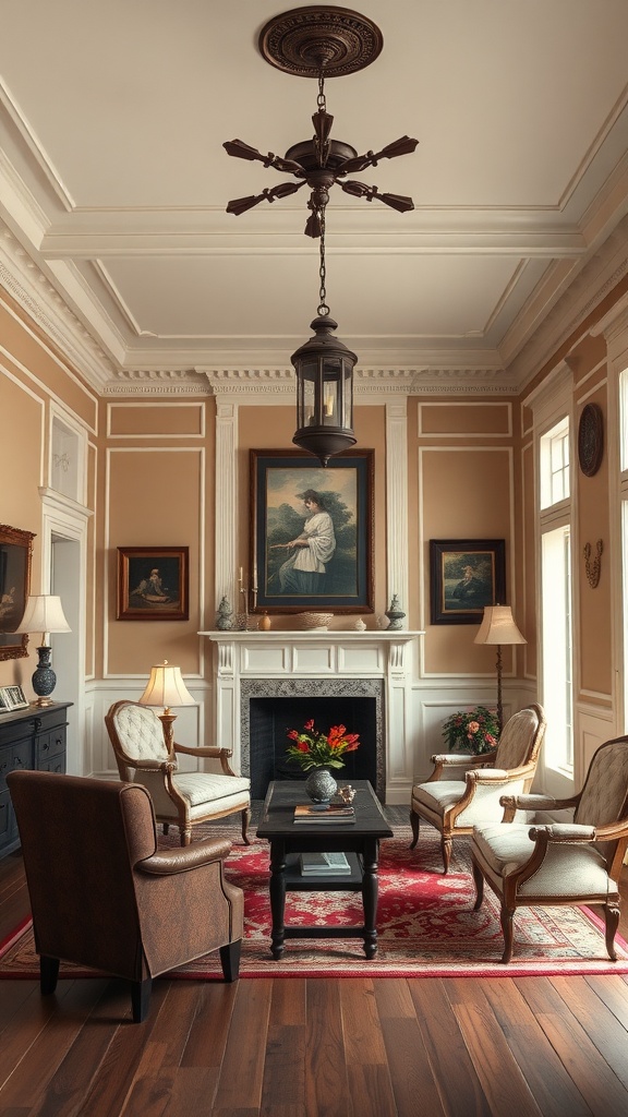 Elegant living room with historical elements like moldings and classic lighting.
