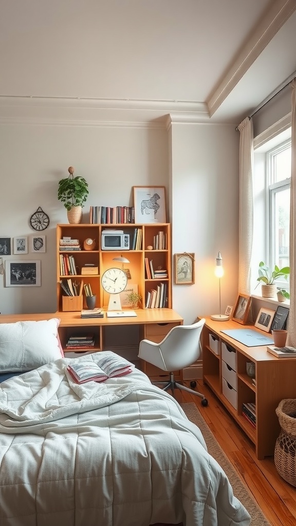 Cozy bedroom setup with a desk and bookshelves, perfect for a hobby workshop.