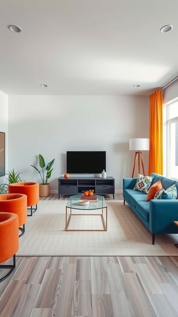 A modern living room featuring color blocking with teal and orange furniture, a glass coffee table, and a bright orange curtain.