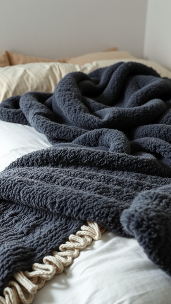 A plush, dark blue throw blanket casually draped on a bed with soft pillows.