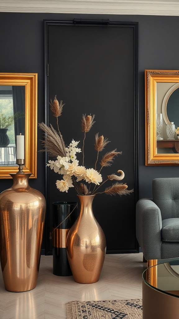 Living room featuring metallic accents with gold and copper vases.