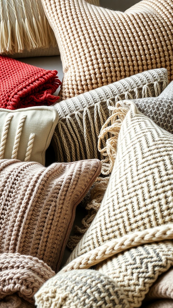 A variety of textured pillows and blankets in neutral tones with a pop of red.
