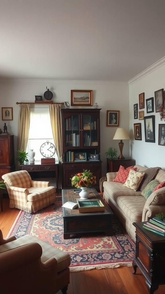 A cozy living room featuring vintage and modern decor.