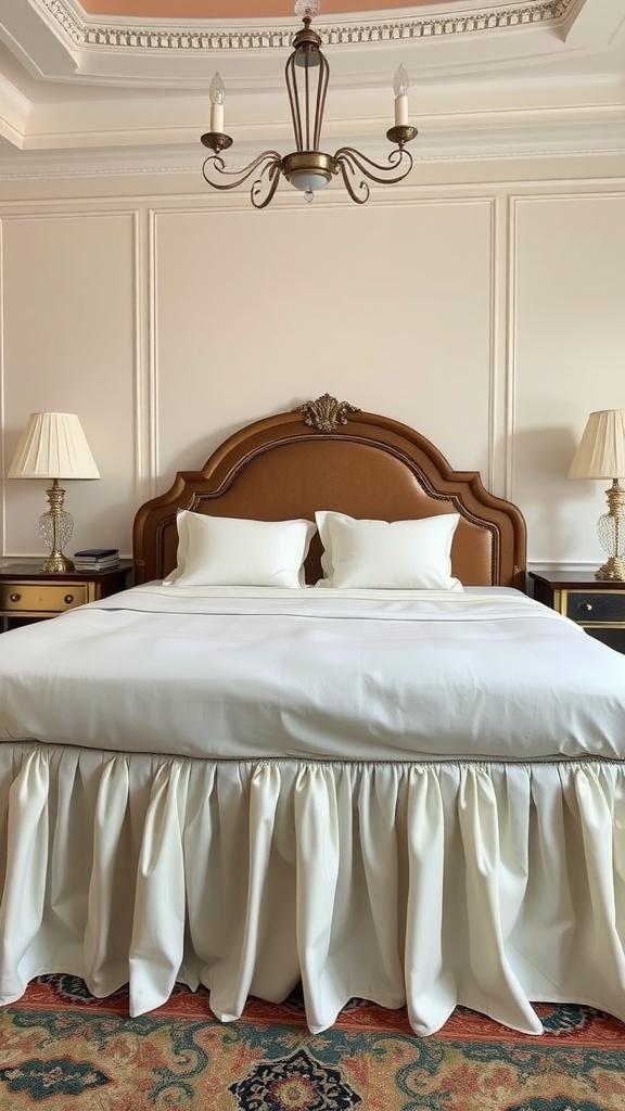 A bedroom featuring a bed with a white bedskirt, ornate headboard, and elegant lighting.