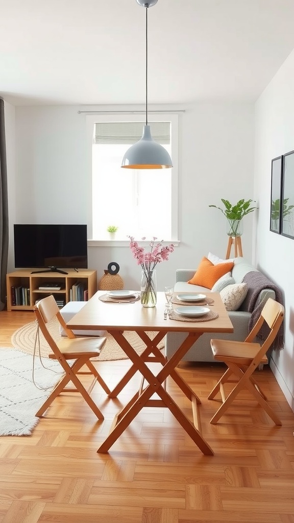 A small, stylish foldable dining table with two chairs in a cozy studio apartment.