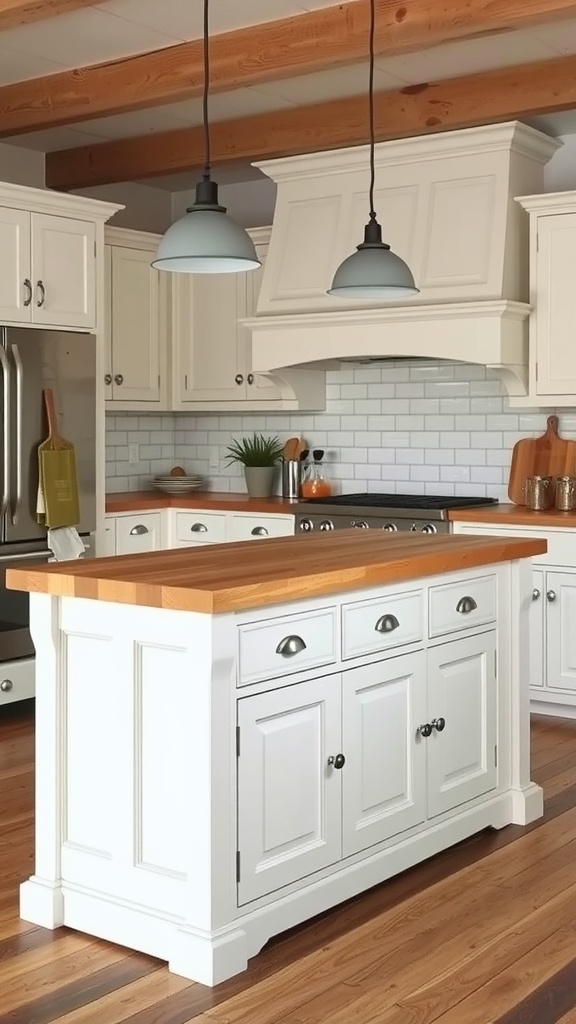 Stylish kitchen with a wooden island and white cabinetry