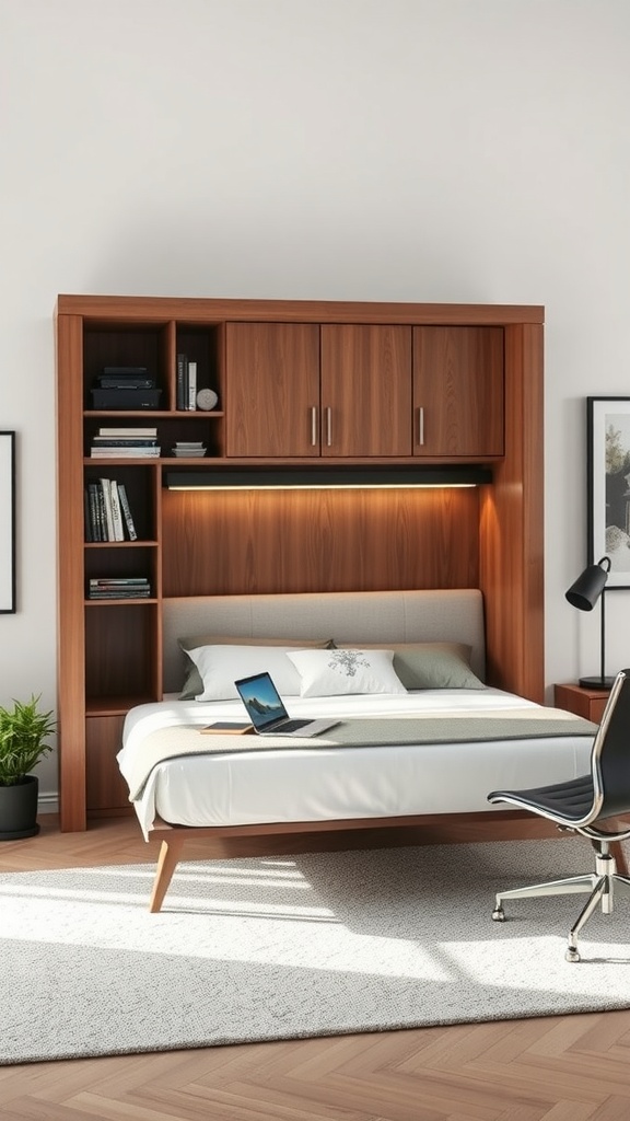 A stylish Murphy bed setup in a modern guest bedroom and office space, featuring a desk, chair, and decorative bookshelf.