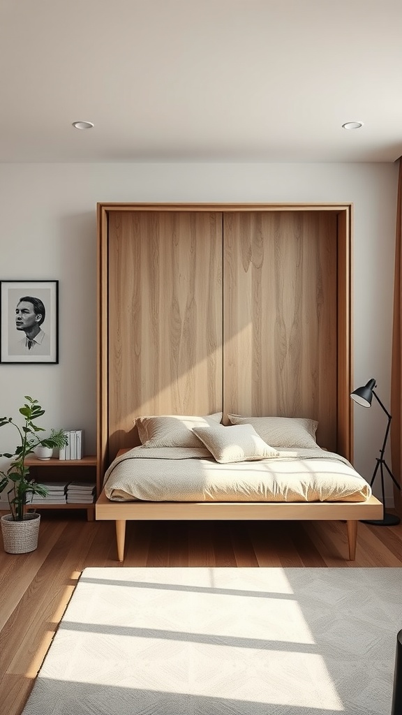A stylish Murphy bed positioned in a bright studio apartment with a cozy setup.