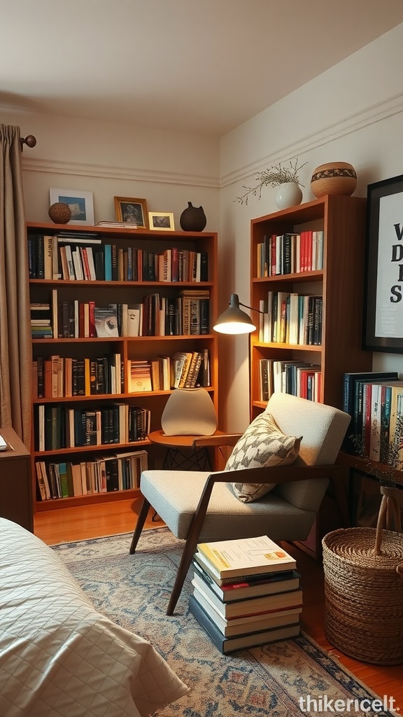 A cozy reading nook with a chair, bookshelves, and warm lighting.
