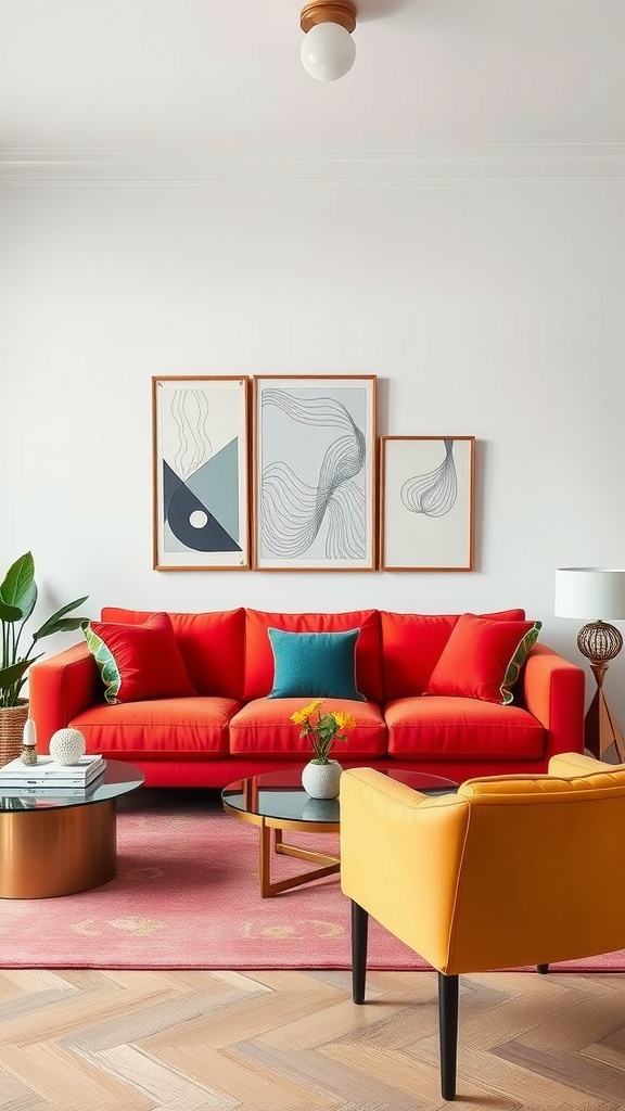 Living room featuring a bold red sofa with colorful cushions and modern art on the wall.
