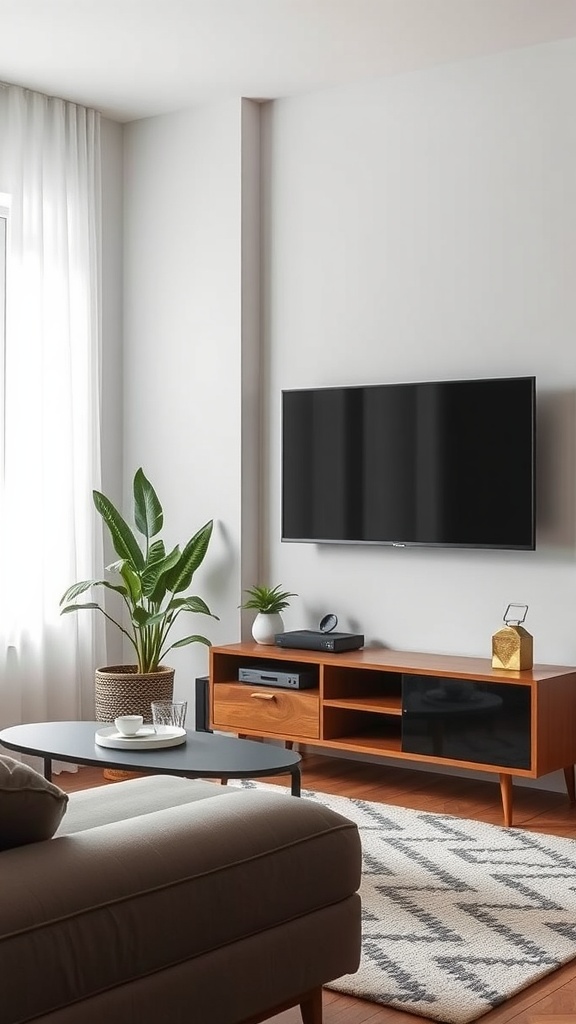 A modern living room featuring a TV stand with storage, a cozy couch, and a potted plant.