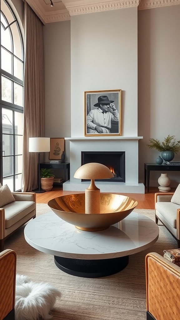 A stylish living room featuring a unique centerpiece on a round marble coffee table.