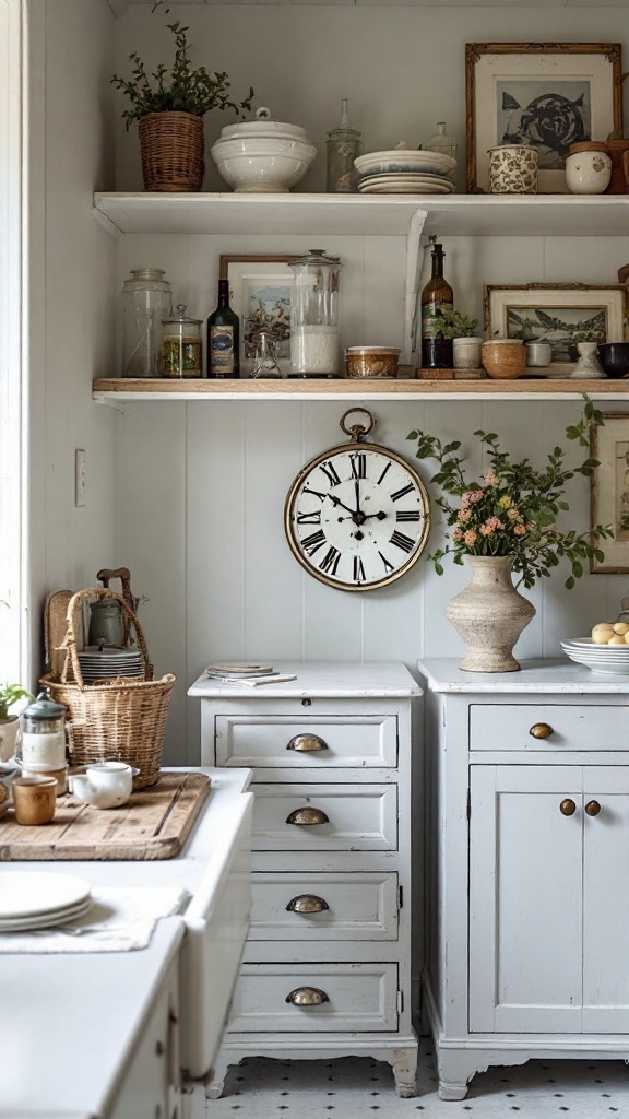 A cozy French country kitchen featuring antique accents like a vintage clock, rustic pottery, and a weathered cabinet.