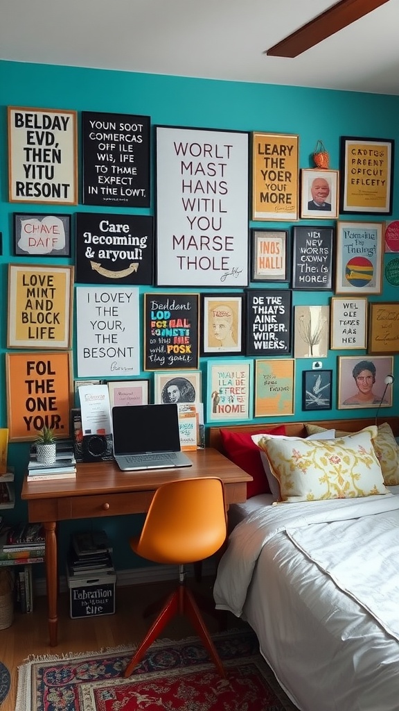 A cozy guest bedroom and office space with a colorful wall of framed art and quotes, a desk with a laptop, and a neatly made bed.