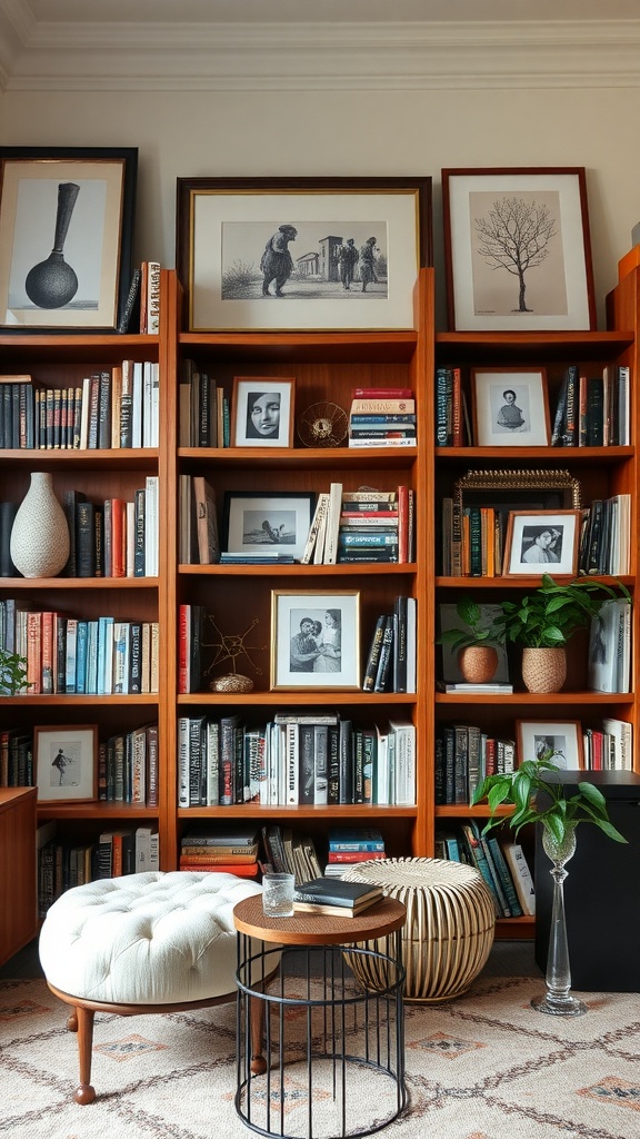 A cozy home library featuring bookshelves filled with books, framed pictures, and art pieces.