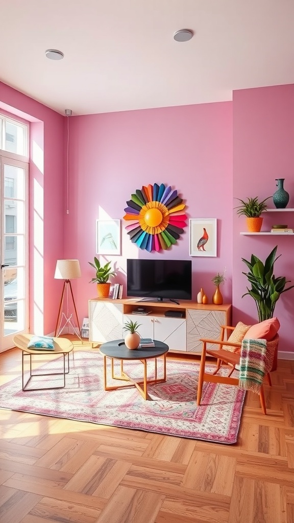 A vibrant and colorful studio apartment living room with a pink wall, colorful decor, and wooden furniture.